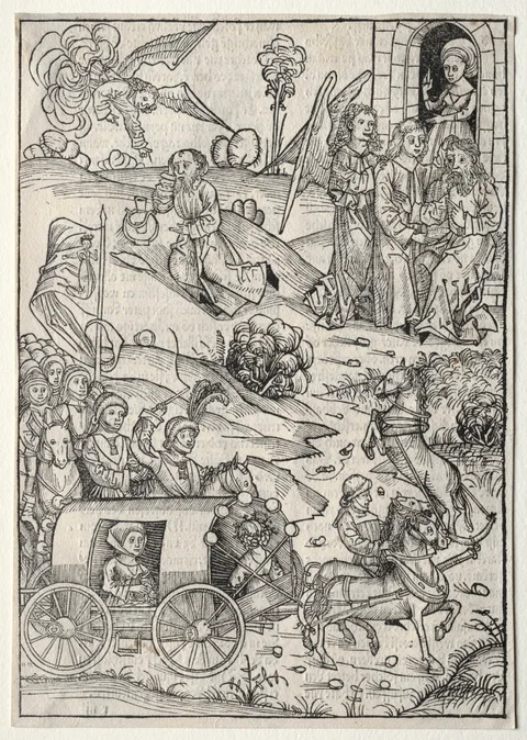 Michael Wolgemut, Der Schatzbehalter:  The Return of Tobias to Tobit; The Arrival of Tobias' Wife; The Angel Bringing Food and Drink to Elijah in the Desert