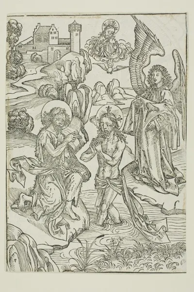 Michael Wolgemut, The Baptism of Christ (verso); The Circumcision of Christ (recto), pages 34 and 33, from the Treasury (Schatzbehalter)