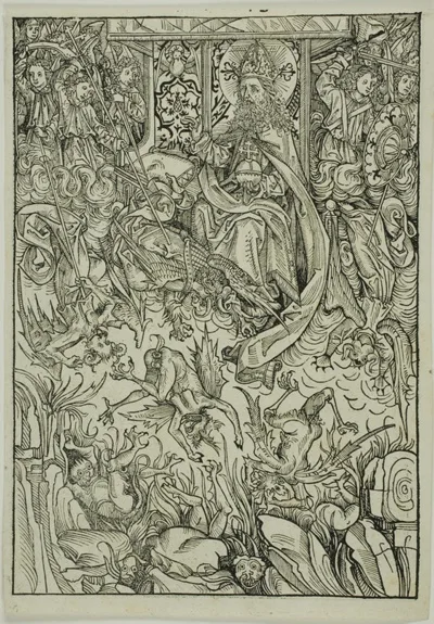 Michael Wolgemut, The Fall of Lucifer and the Rebel Angels (verso); The Gathering of the Angels (recto), pages three and two from the Treasury (Schatzbehalter)