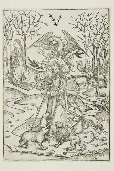 Michael Wolgemut, The Virtues of Christ and the Wickedness of His Enemies Symbolized by Diverse Birds and Beasts (verso); The Last Supper (recto), pages 66 and 65 from the Treasury (Schatzbehalter)