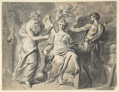 Erasmus Quellinus II, An Allegory of the Arts with Isis and Geometry Attending the Three-headed Figure of Painting and Sculpture, a Putto Crowning her with Laurels