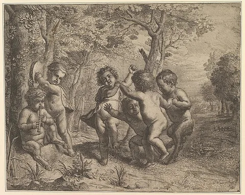 Erasmus Quellinus II, Four Dancing Children (Bacchantes) and Two Making Music