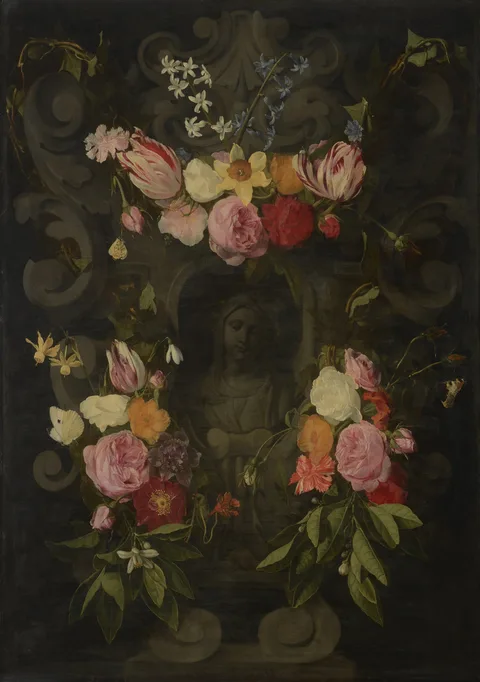 Erasmus Quellinus II, Sculpted cartouche addorned with flowers around a grisaille bust of the Virgin Mary