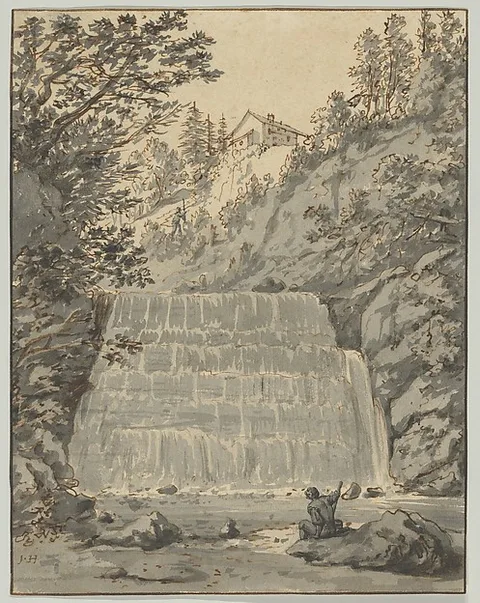 Jan Hackaert, A Waterfall in Switzerland (near Lausanne?) with a Resting Wayfarer
