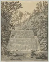 Jan Hackaert, A Waterfall in Switzerland (near Lausanne?) with a Resting Wayfarer