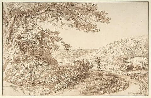 Gillis Neyts, Landscape with old trees and figures