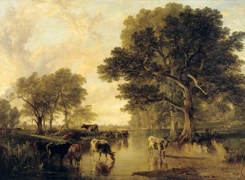 Frederick Richard Lee, Evening in the Meadows (cattle by Thomas Sidney Cooper)