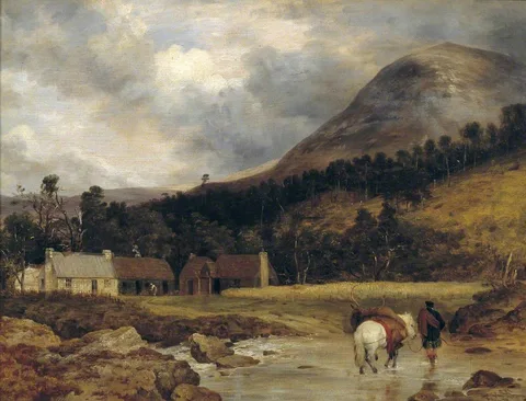Frederick Richard Lee, Scottish Landscape: Bringing in a Stag (figure and animals by Sir E. Landseer)