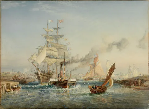 Oswald Walters Brierly, Watercolor, 'Going to Sea', Yarmouth, Norfolk, England, 1883, by Oswald W. Brierly