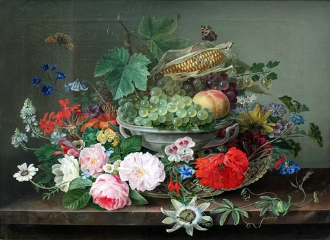Gottfried Wilhelm Voelcker, Still life with fruit basket