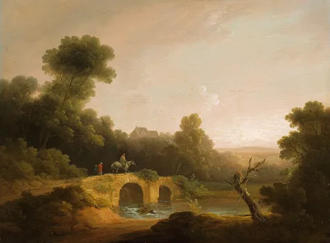 John Rathbone, Landscape with Figures Crossing a Bridge