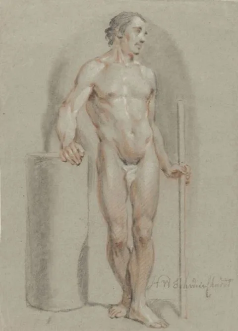 Hendrik Willem Schweickhardt, Staand mannelijk naakt, met een stok in de hand, steunend op een ateliercylinder