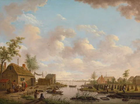 Hendrik Willem Schweickhardt, Landscape with Fishermen and Farmers Extracting Peat in a Marsh