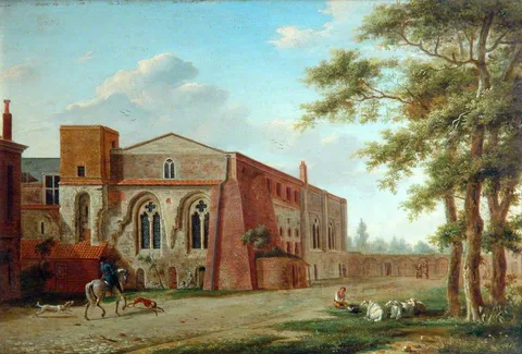 Johannes Janson, Figures outside a Church, Set in a Wooded Landscape