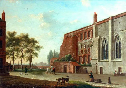 Johannes Janson, Figures outside a Church, Set in a Wooded Landscape
