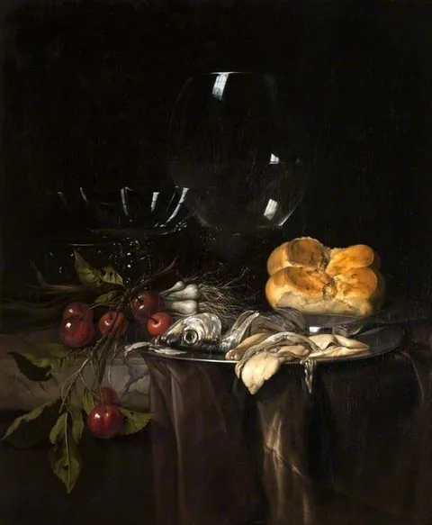 Willem van Aelst, Still Life: Herring, Cherries and Glassware