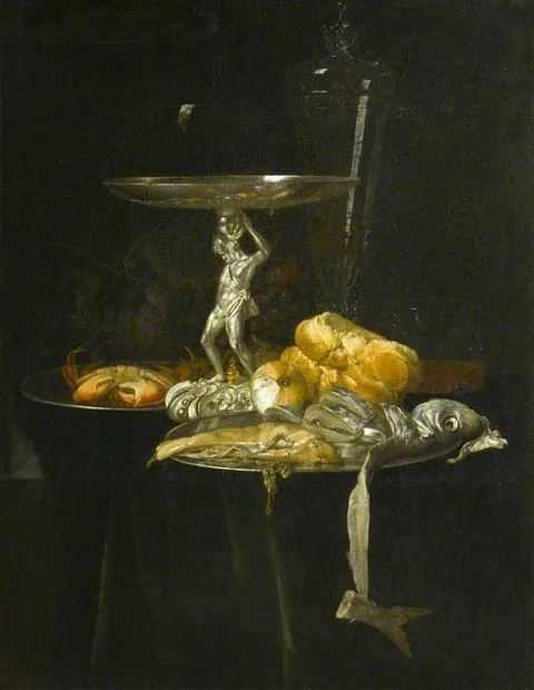 Willem van Aelst, Still Life of a Silver Tazza with a Wine Glass, Crab, Herring, Bread and Onion on Pewter Dishes with Grapes Arranged on a Ledge