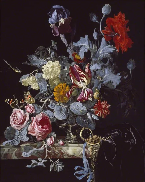 Willem van Aelst, A Vase of Flowers with a Watch