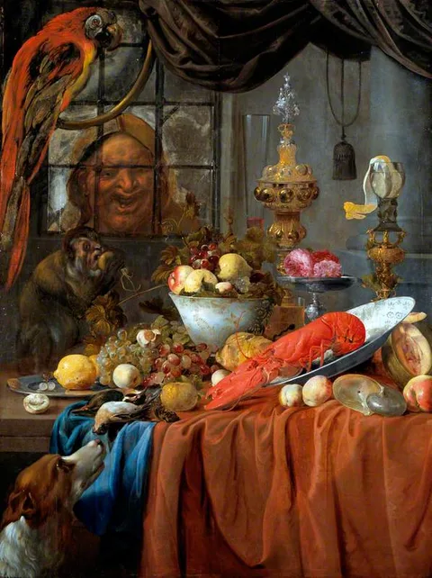 Willem van Aelst, Still Life with Fruit, Lobster and Silver Vessels
