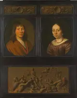 Pieter Cornelisz van Slingelandt, Portraits of a Man and a Woman framed with two ornamental frieze miniatures with shell motif and a Triumph of Amphitrite