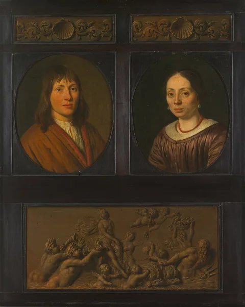 Willem van Mieris, Portraits of a Man and a Woman framed with two ornamental frieze miniatures with shell motif and a Triumph of Amphitrite