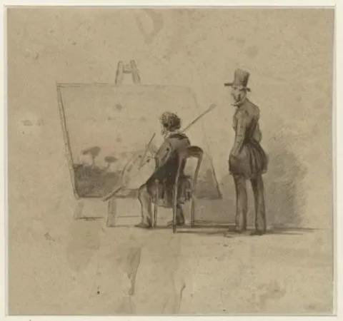 Louis Apol, Portret van Johannes Franciscus Hoppenbrouwers voor zijn ezel en A. van den Berg toekijkend