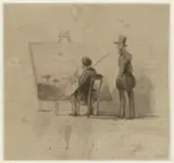 Louis Apol, Portret van Johannes Franciscus Hoppenbrouwers voor zijn ezel en A. van den Berg toekijkend