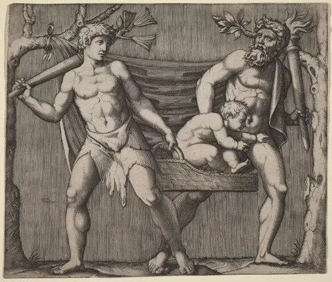 Marcantonio Raimondi, Two Fauns Carrying a Child