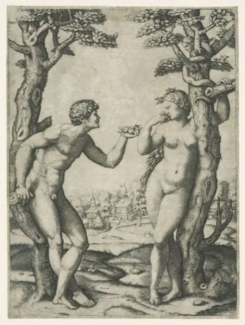 Marcantonio Raimondi, Zondeval van Adam en Eva bij boom van kennis van goed en kwaad met slang