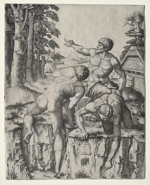 Marcantonio Raimondi, The Climbers (Three Figures from Michelangelo's Battle of Cascina)