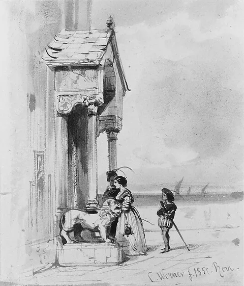 Carl Werner, Couple Entering Building, with Attendant  (from Cropsey Album)