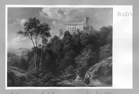 Carl Hummel, view to Wartburg (front (right) 3 people)