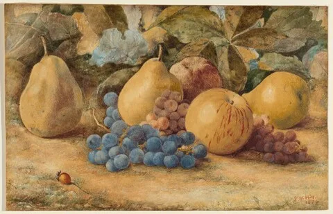 John William Hill, Still Life of Fruit: Apples, Pears, and Grapes on Ground