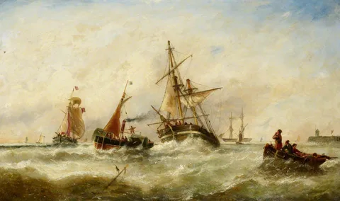 John Callow, A damaged brig being towed into harbour