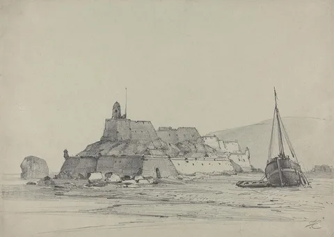 John Callow, Coast Scene with Castle and Beached Fishing Vessel