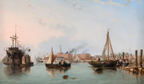 George Cole, Entrance to Portsmouth Harbour with British Man of War