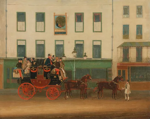James Pollard, The London-Manchester Stage Coach, “the Peveril of the Peak,” outside the Peacock Inn, Islington