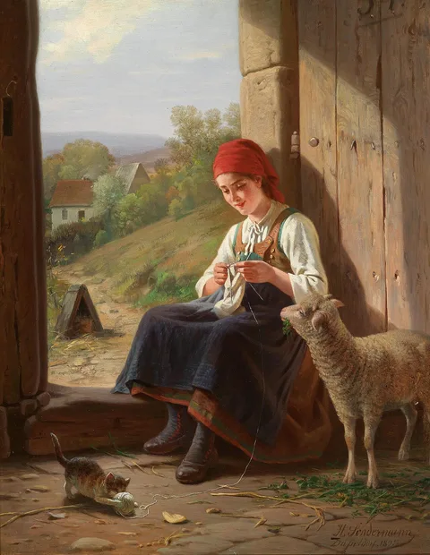 Hermann Sondermann, Knitting girl with kitten