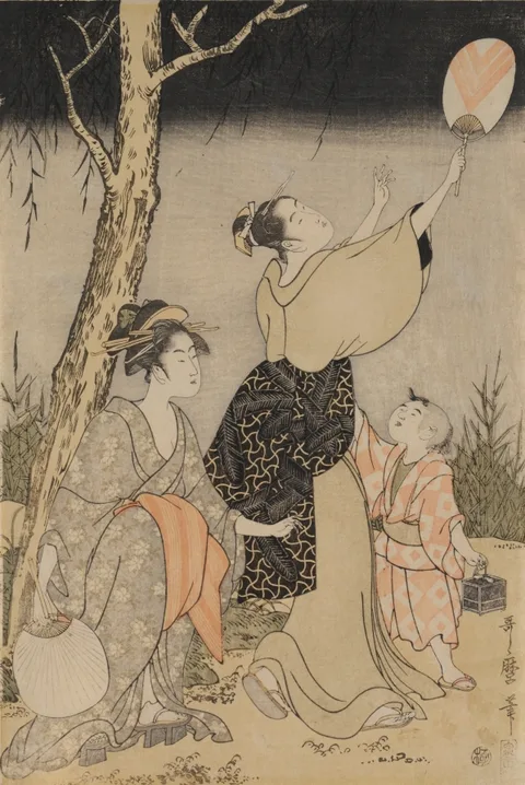 Kitagawa Utamaro, Catching Fireflies Beneath a Willow Tree (left)