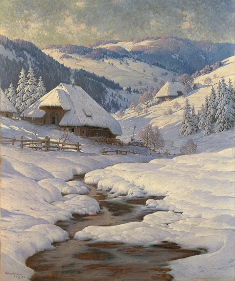 Karl Hauptmann, Black Forest Farmhouses in a Winter Landscape