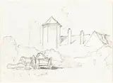 John Sell Cotman, Sketch of Buildings with Cart and Horses in Foreground