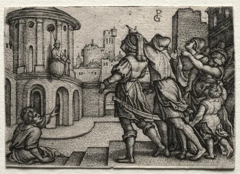 Georg Pencz, Virgil hanging in a Basket