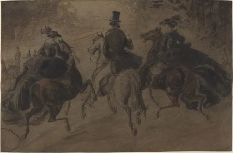 Constantin Guys, Cavalier and Two Ladies on Horseback