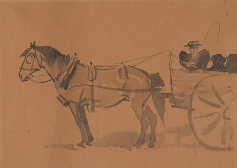 Joseph Crawhall, Auntie Bee with her two Nieces in a Pony Cart