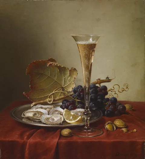 Johann Wilhelm Preyer, Grapes, Oysters, Hazlenuts and a Champagne Flute on a draped Ledge