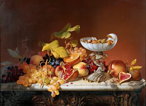 Johann Wilhelm Preyer, Tropical fruits with milk glass shell in shell shape
