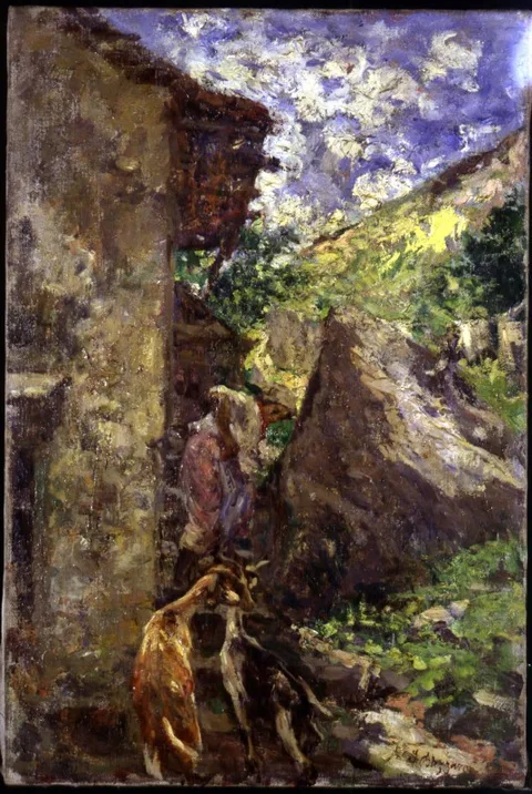 Leonardo Bazzaro, Young Woman with Goats near Rustic Dwelling