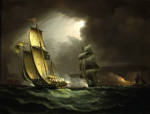 Thomas Buttersworth, A Smuggling Lugger Chased by a Naval Brig