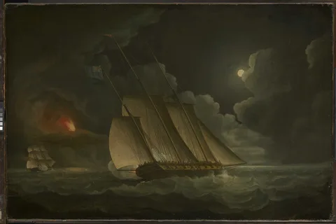 Thomas Buttersworth, A lugger and a brig in chase by moonlight off a coast