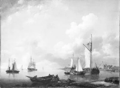 Hermanus Koekkoek, Calm river scene with ships